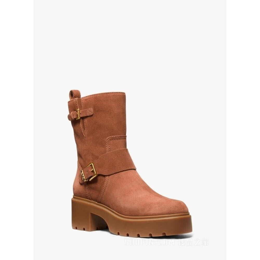 Michael Kors Perry Boot Womens 7.5 Luggage Suede Chunky Lug Sole Bootie JOBB1800
